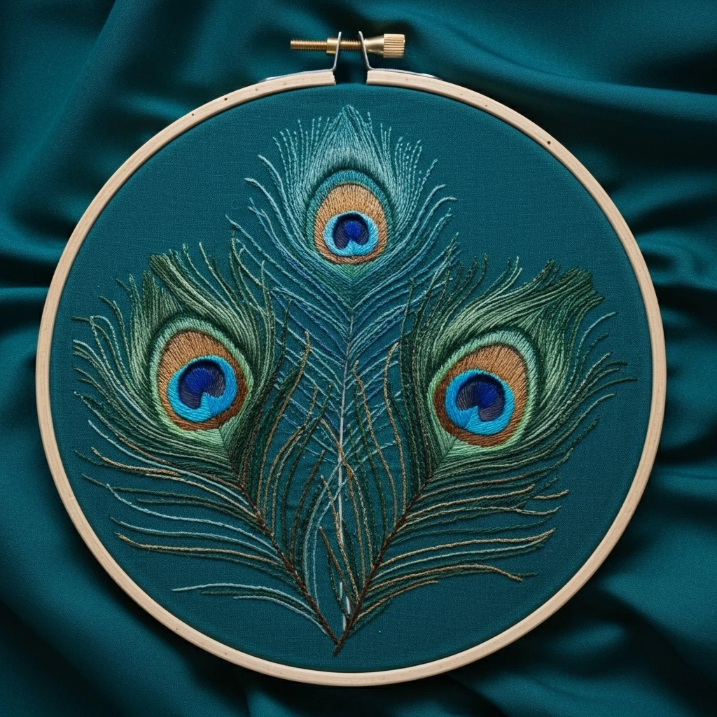 Embroidered Peacock Feathers on Teal Fabric