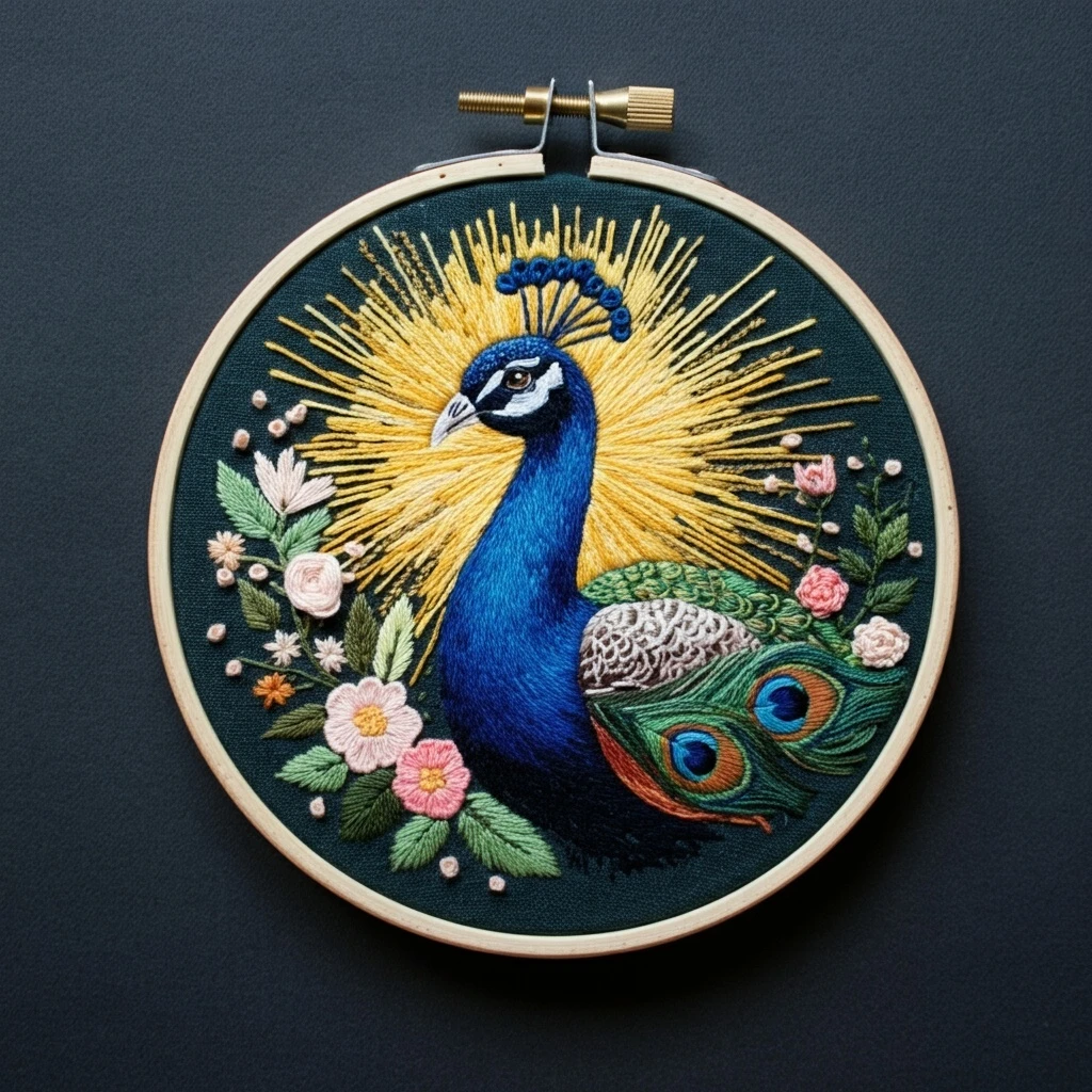 Embroidered Peacock in Golden Glory