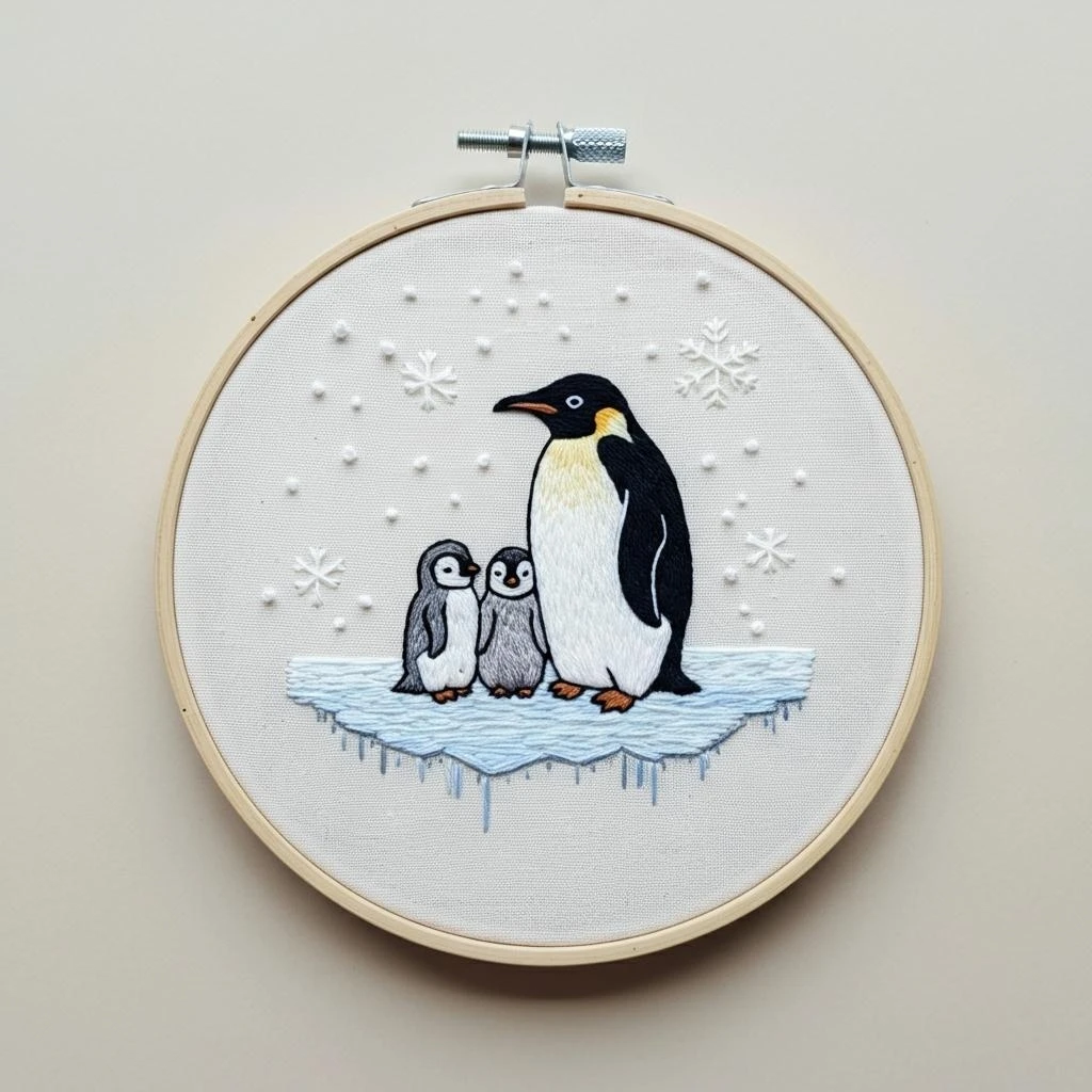 Embroidered Penguin Family in a Snowy Hoop