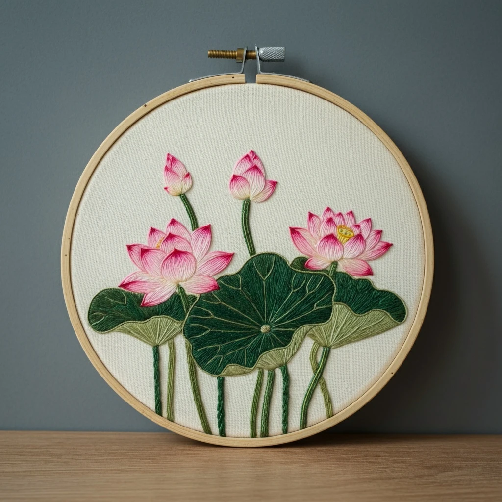 Embroidered Pink Lotus Flowers and Leaves in a Hoop