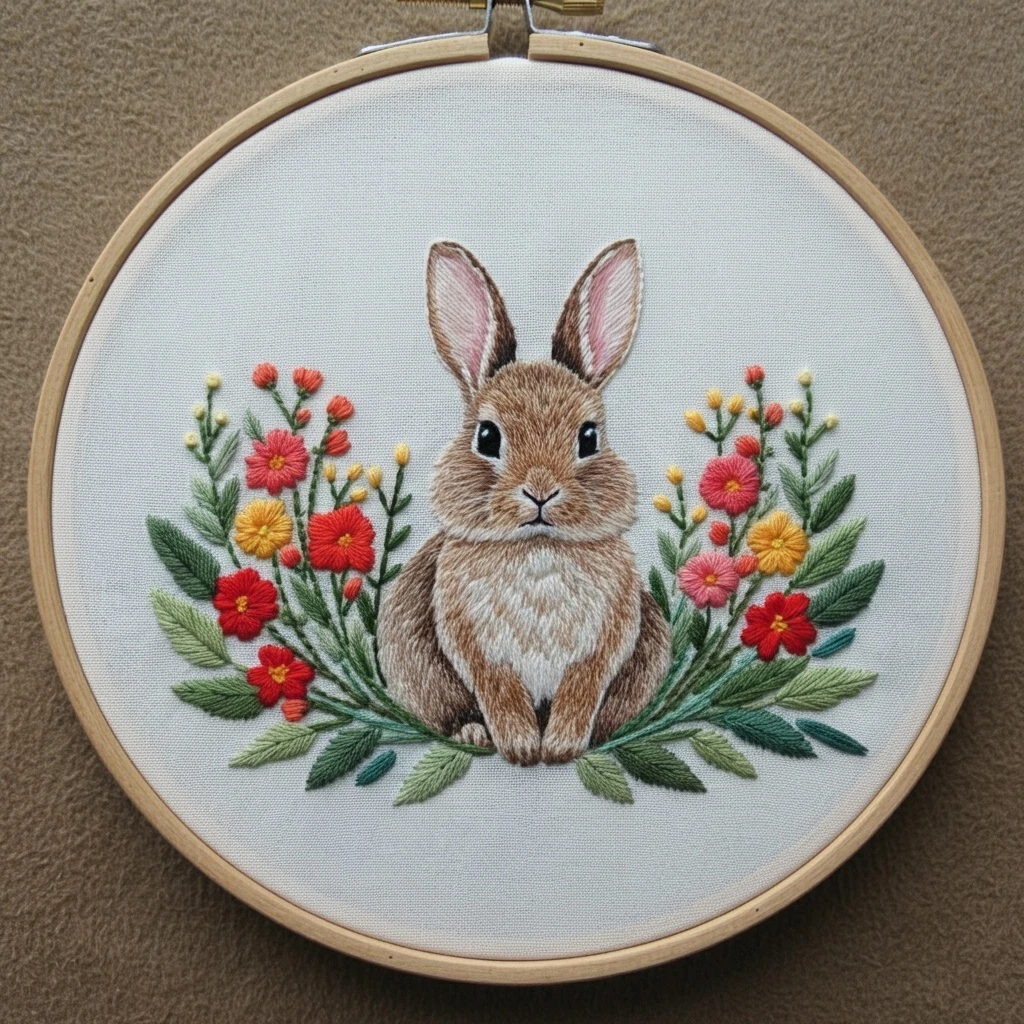 Embroidered Rabbit and Floral Wreath