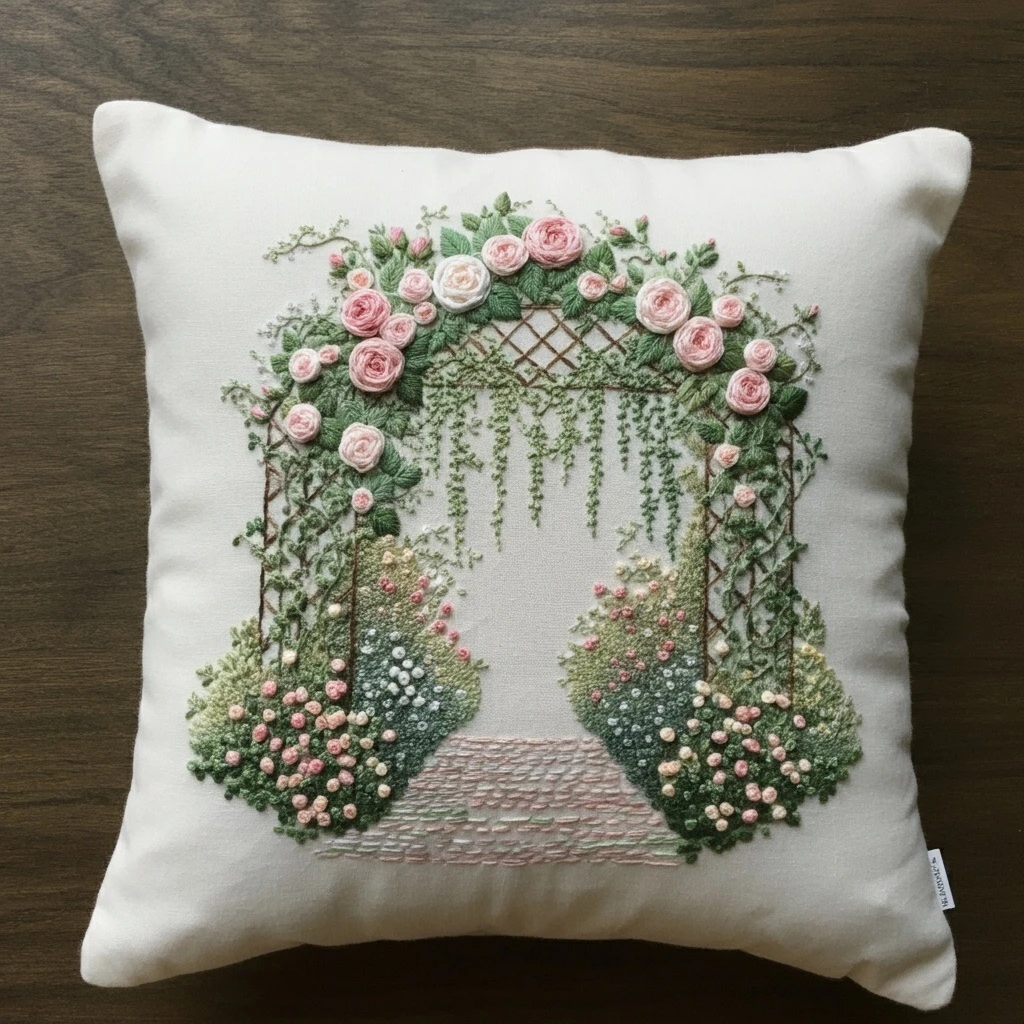 Embroidered Rose Garden Arch Pillow