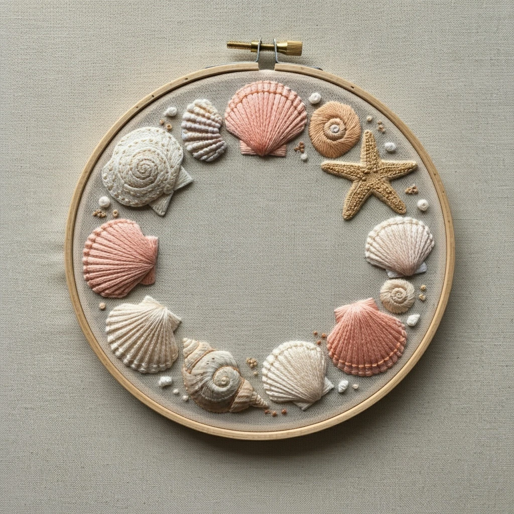 Embroidered Seashell Wreath Hoop Art