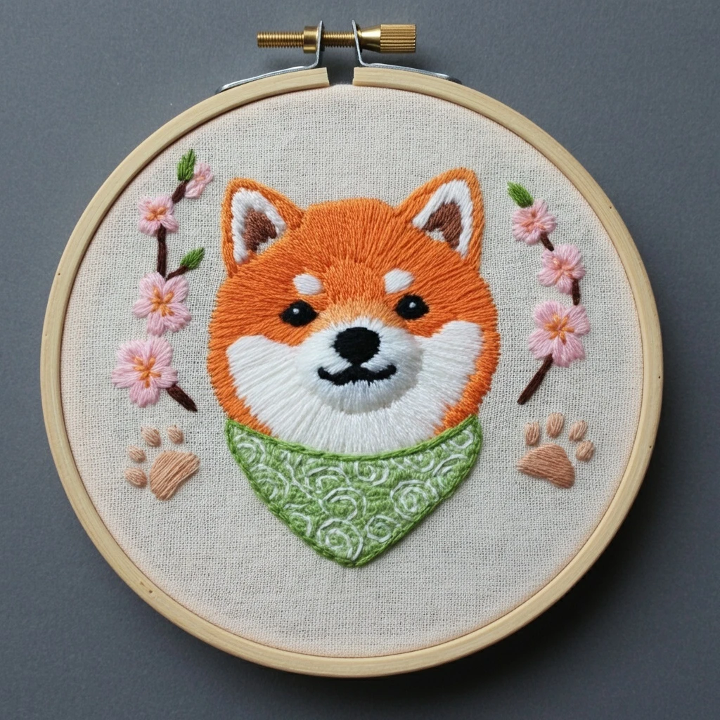 Embroidered Shiba Inu Portrait with Cherry Blossoms
