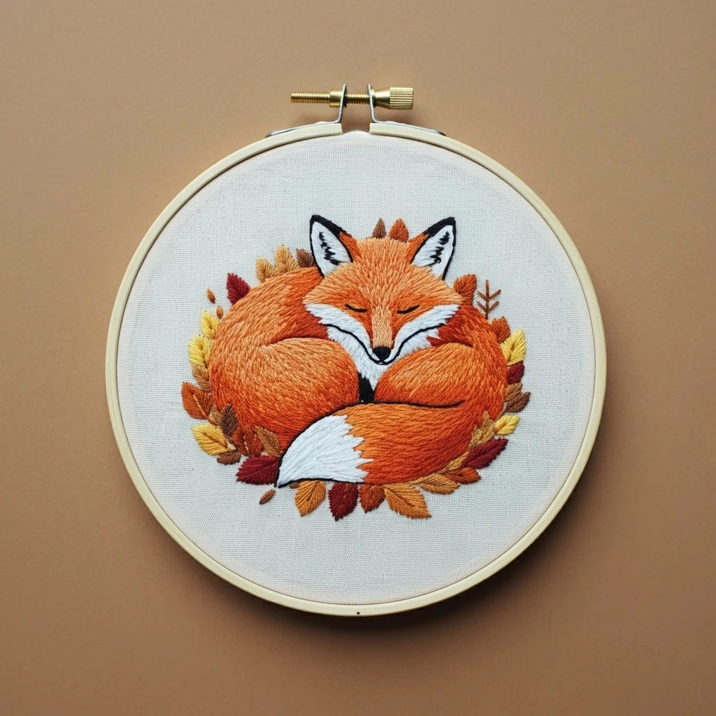 Embroidered Sleeping Fox in Autumn Leaves