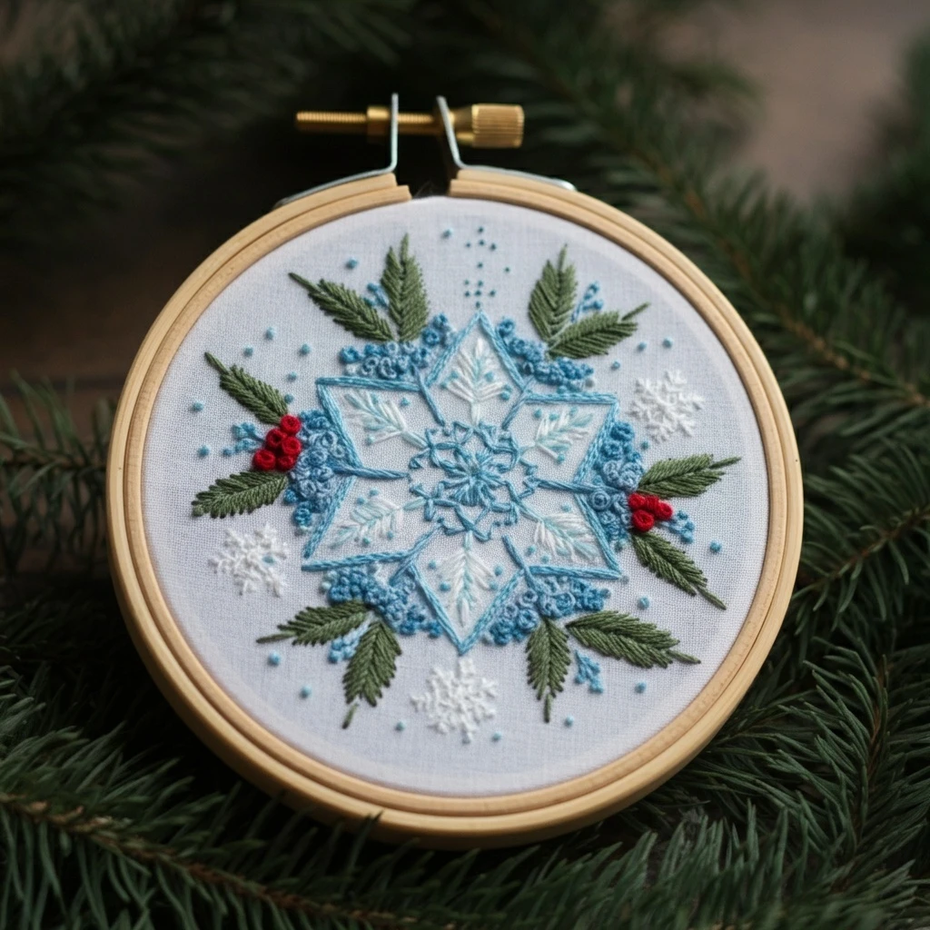 Embroidered Snowflake and Winter Foliage Hoop Art