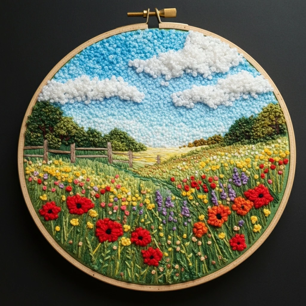 Embroidered Summer Meadow Landscape