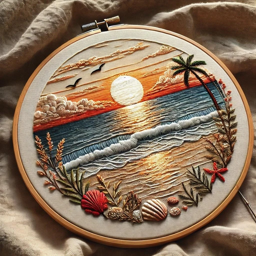 Embroidered Sunset Beachscape in Hoop