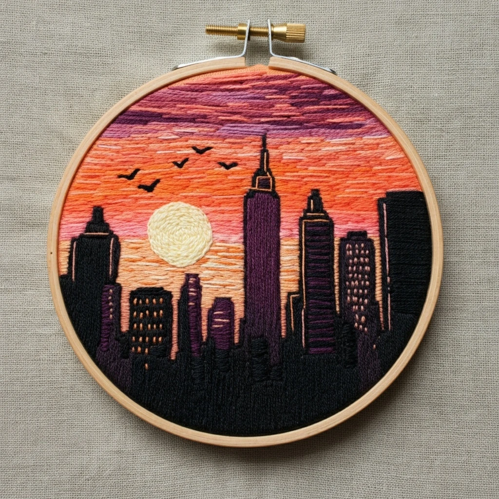 Embroidered Sunset Cityscape Silhouette