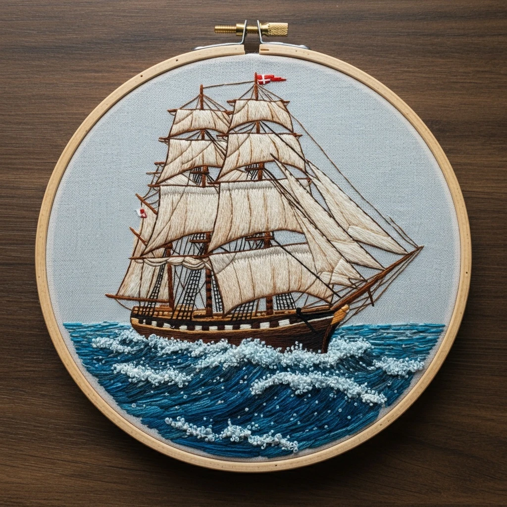 Embroidered Tall Ship on the High Seas