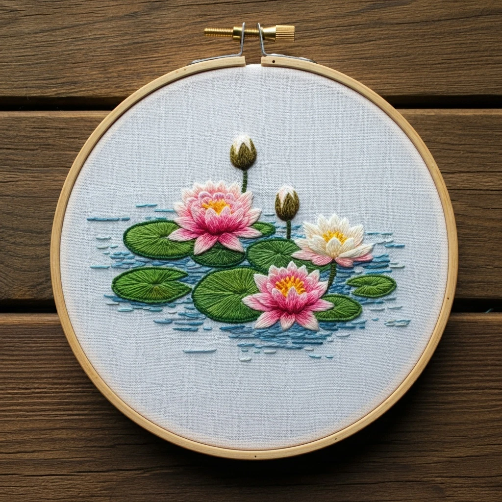 Embroidered Water Lilies in Hoop