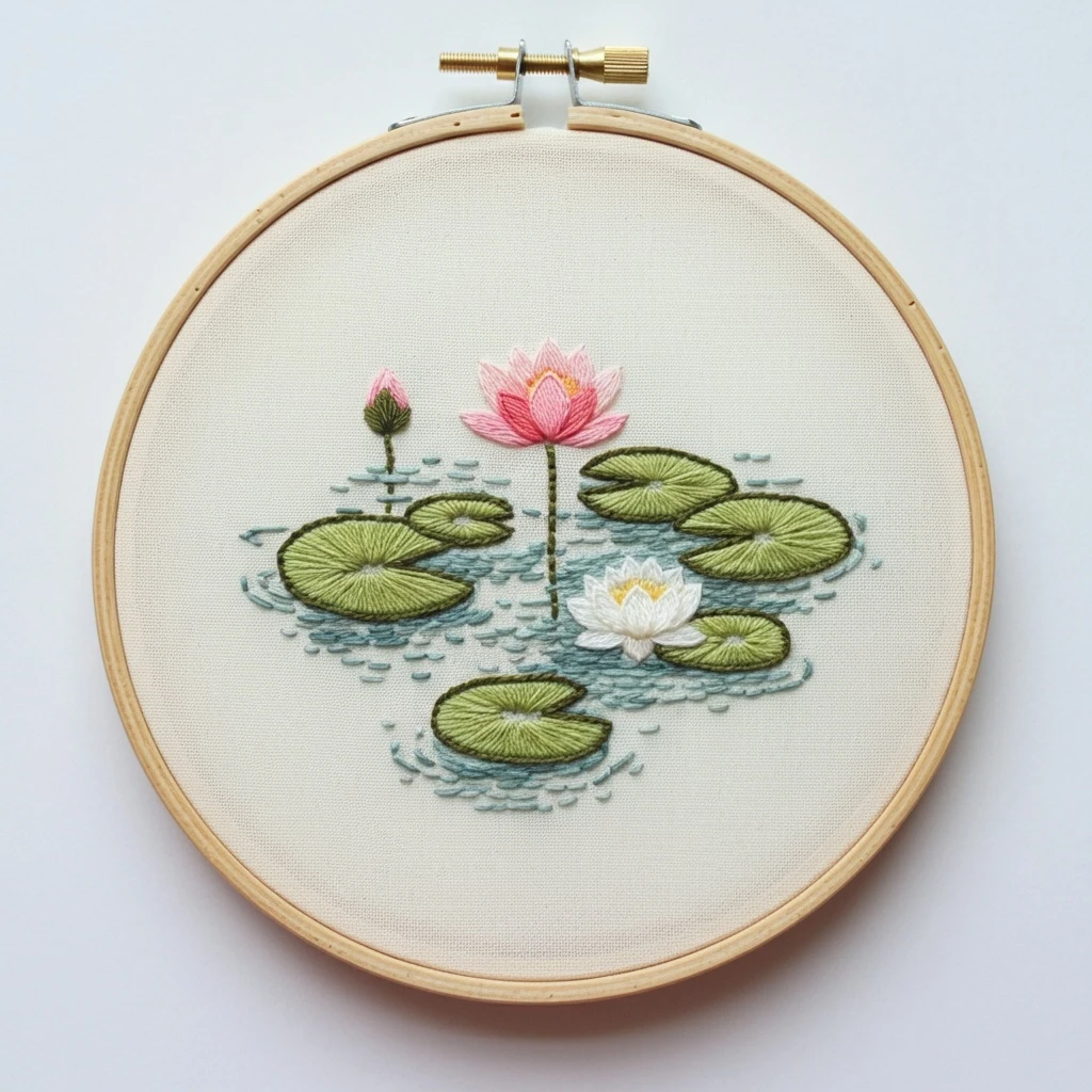 Embroidered Water Lilies in a Hoop