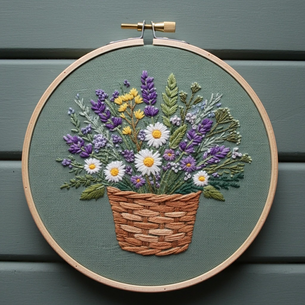 Embroidered Wildflower Basket Hoop Art
