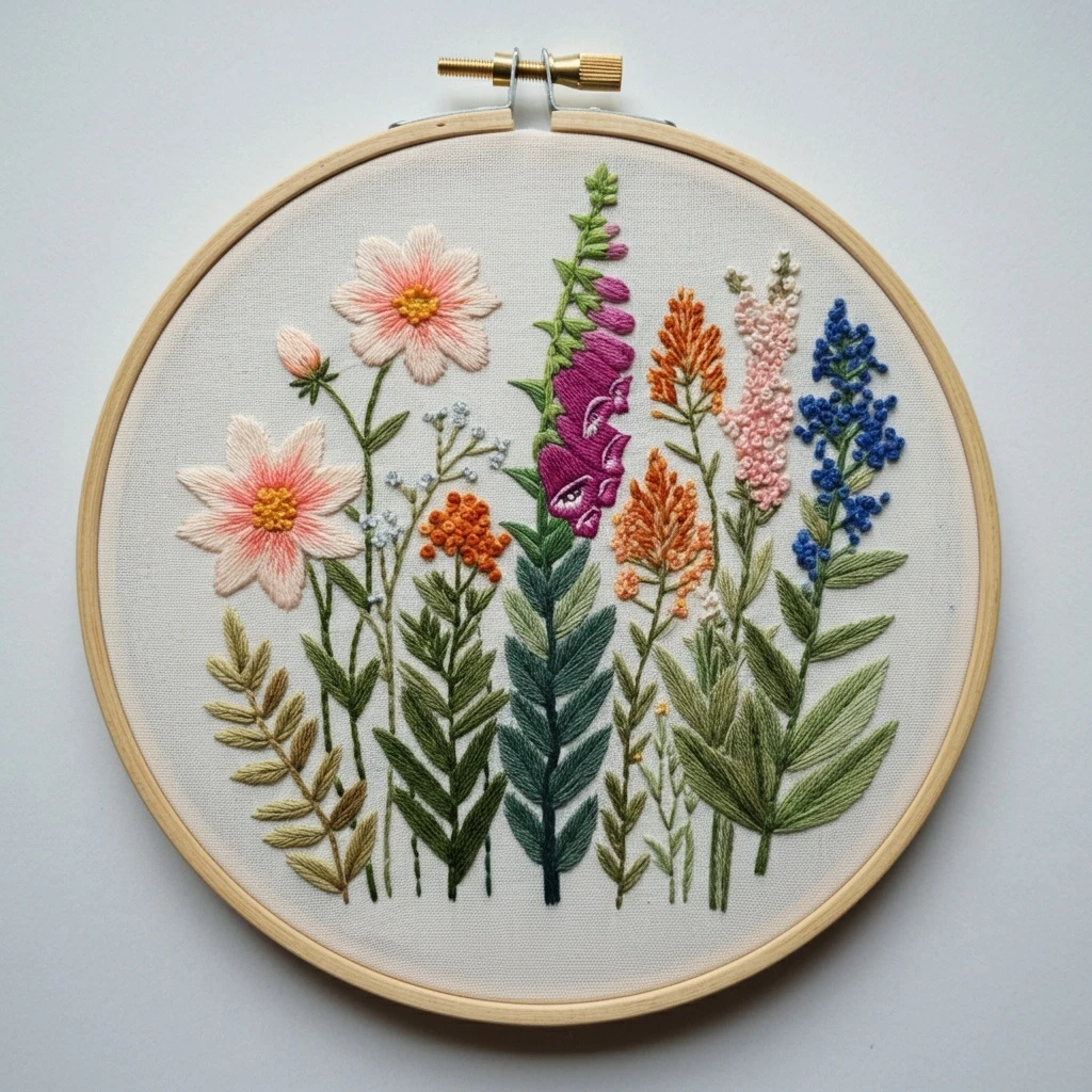 Embroidered Wildflower Meadow in Hoop