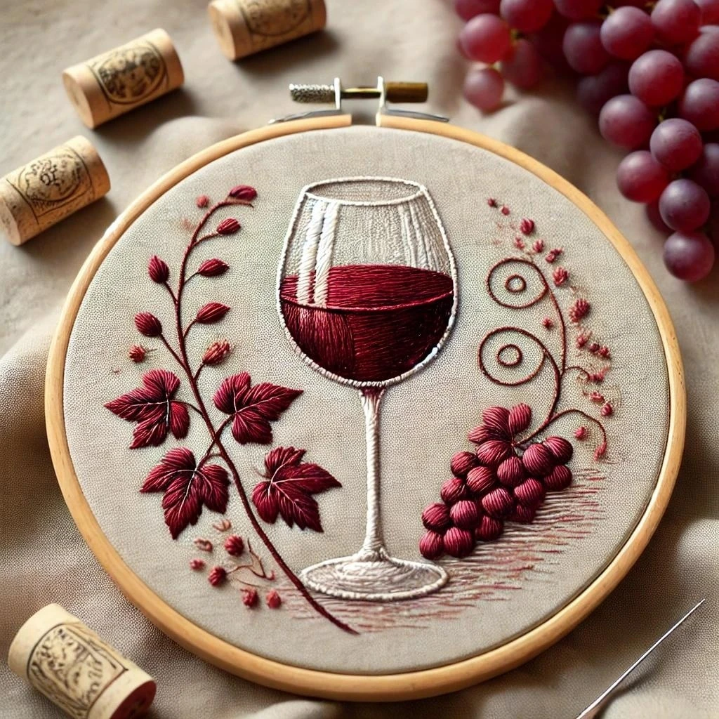 Embroidered Wine Glass and Grapes Hoop Art