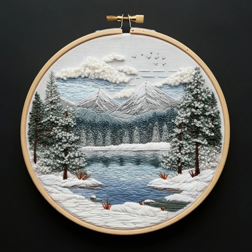 Embroidered Winter Mountain Lake Landscape