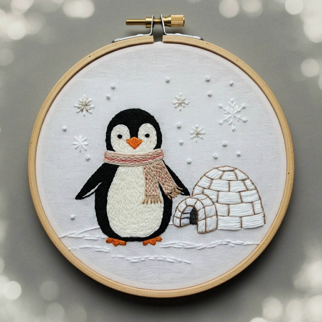 Embroidered Winter Penguin and Igloo Hoop Art