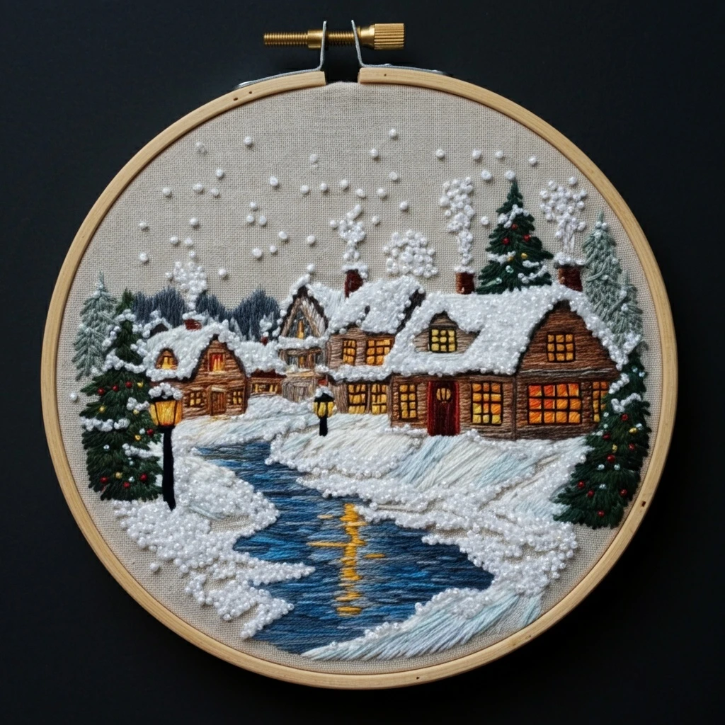 Embroidered Winter Village Scene