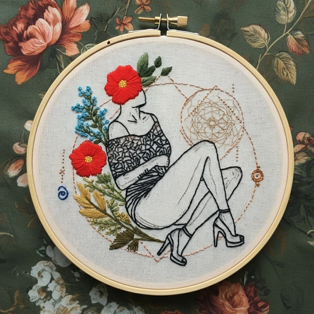 Embroidered Woman with Floral Headdress and Geometric Accents