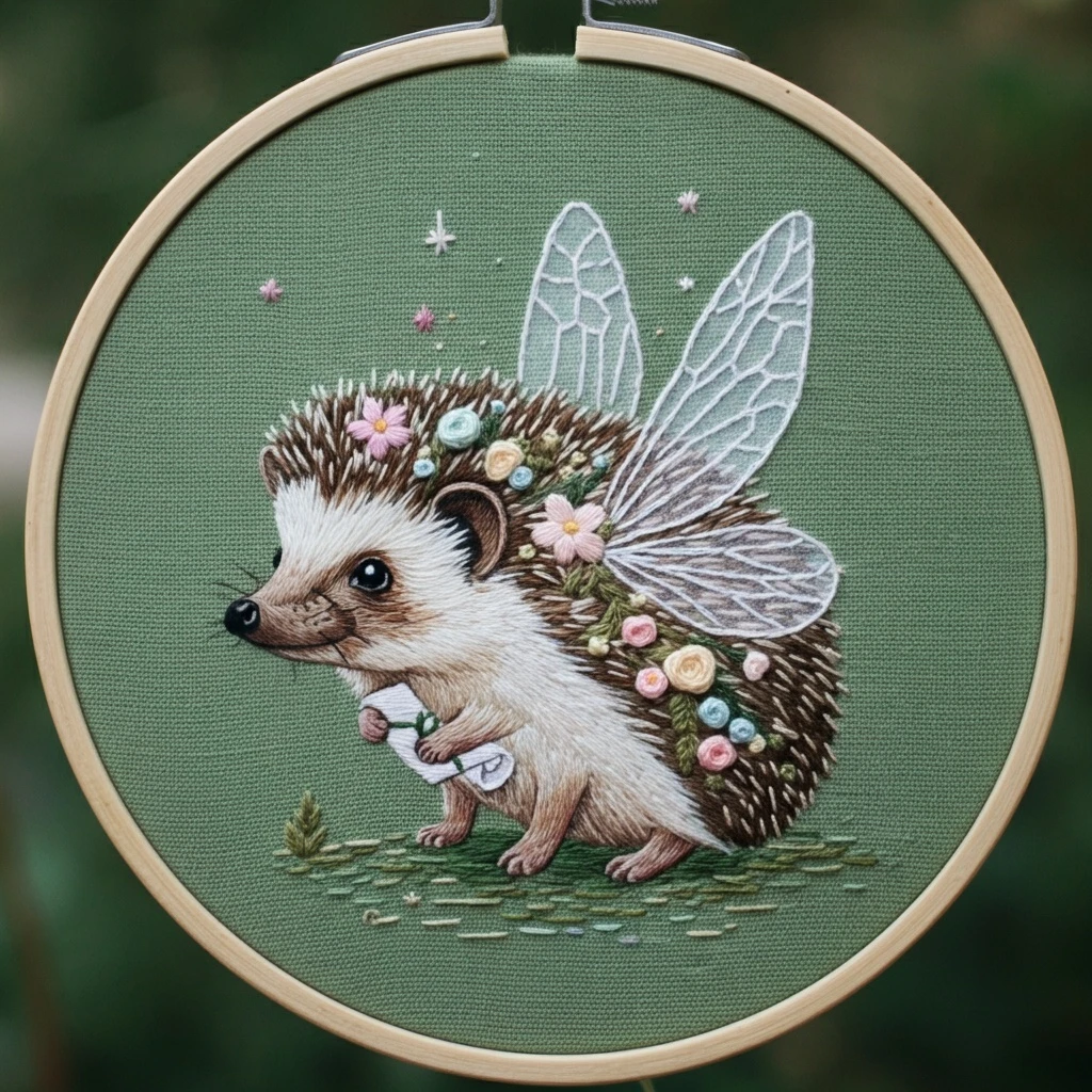 Enchanted Hedgehog Fairy Embroidery Art