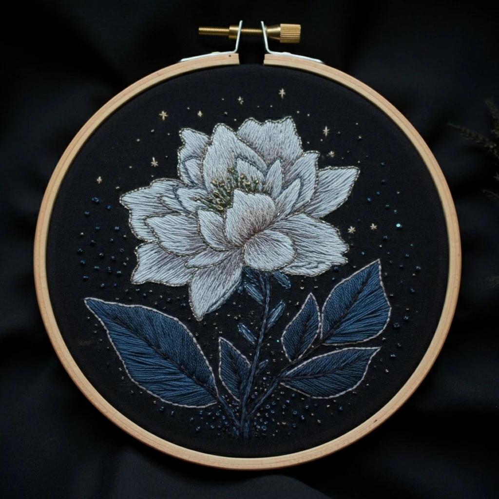 Ethereal White Flower and Starry Night Hand Embroidery