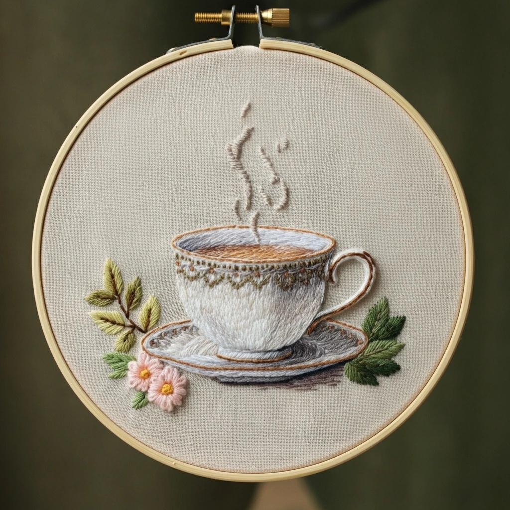 Exquisite Embroidered Teacup and Floral Arrangement