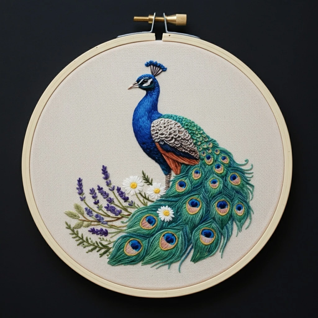 Exquisite Hand Embroidered Peacock and Lavender Hoop Art
