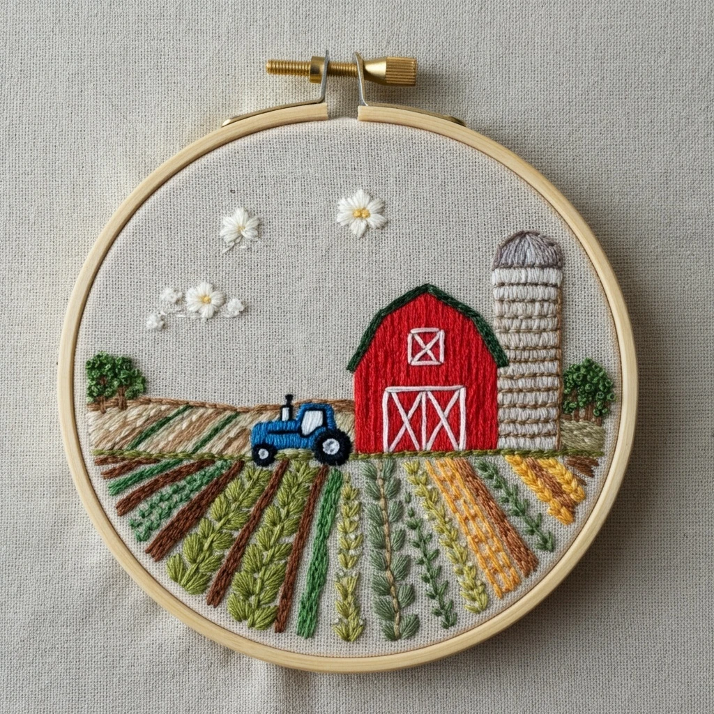 Farm Landscape Embroidery in Hoop