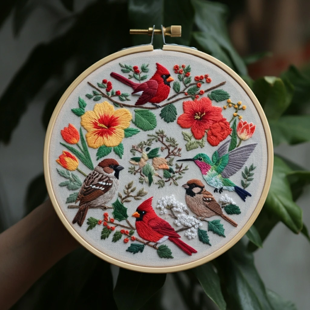 Feathered Friends Garden Wreath Embroidery