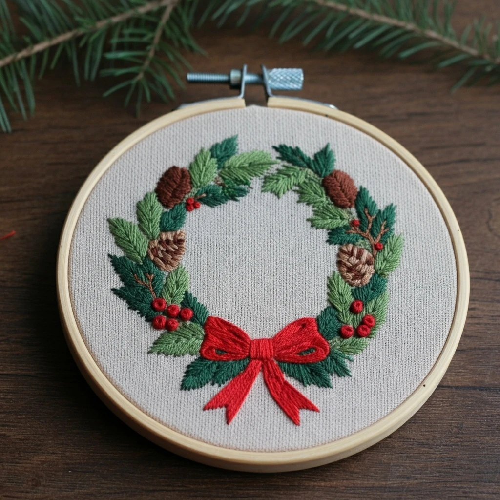 Festive Pinecone Holiday Wreath Embroidery