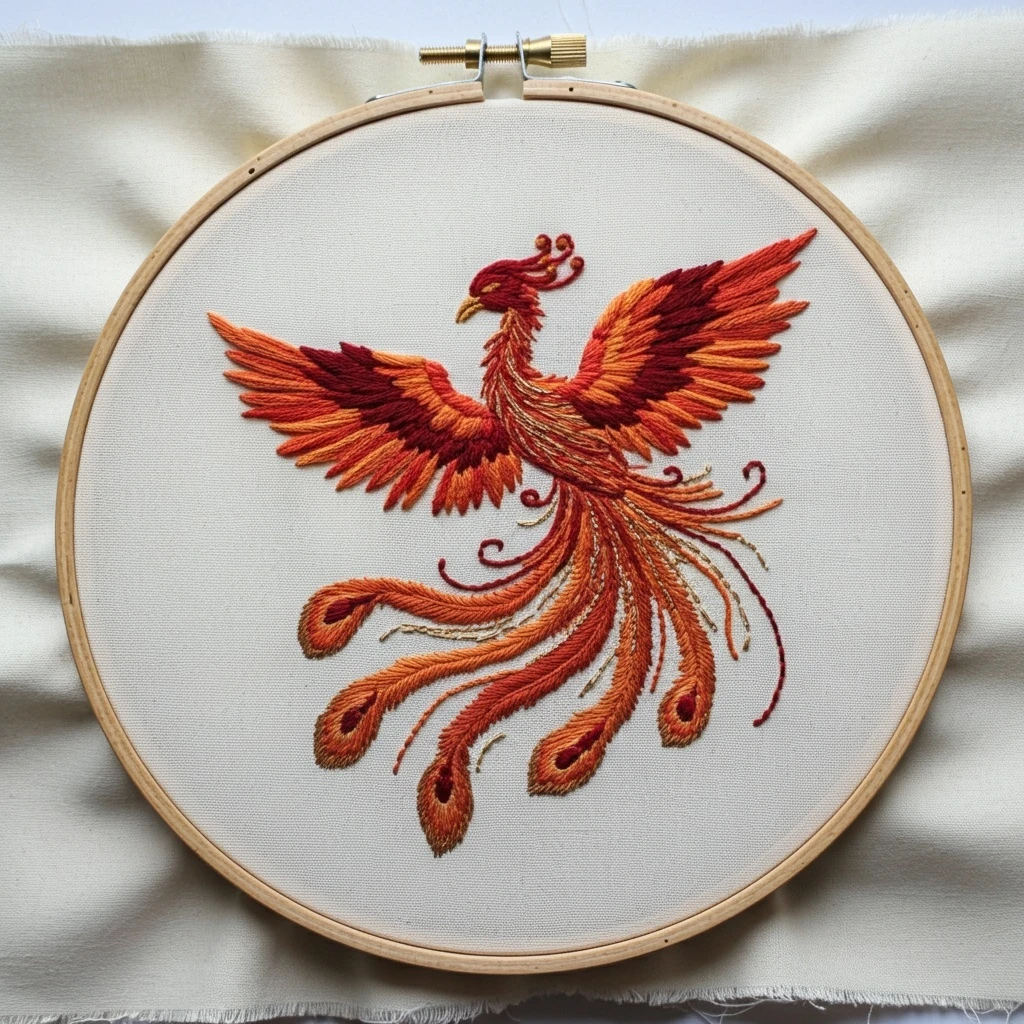 Fiery Phoenix Rebirth Embroidery Art