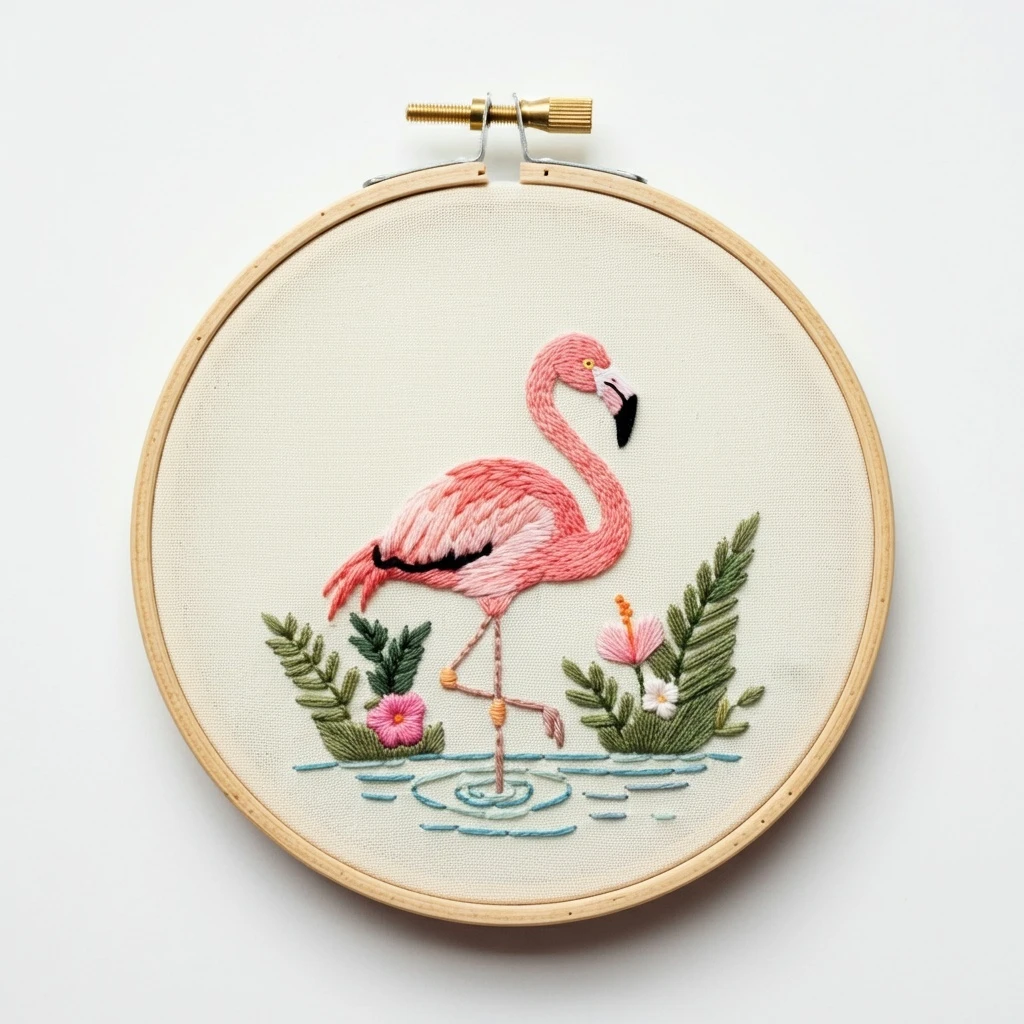 Flamingo in Water Embroidery Art