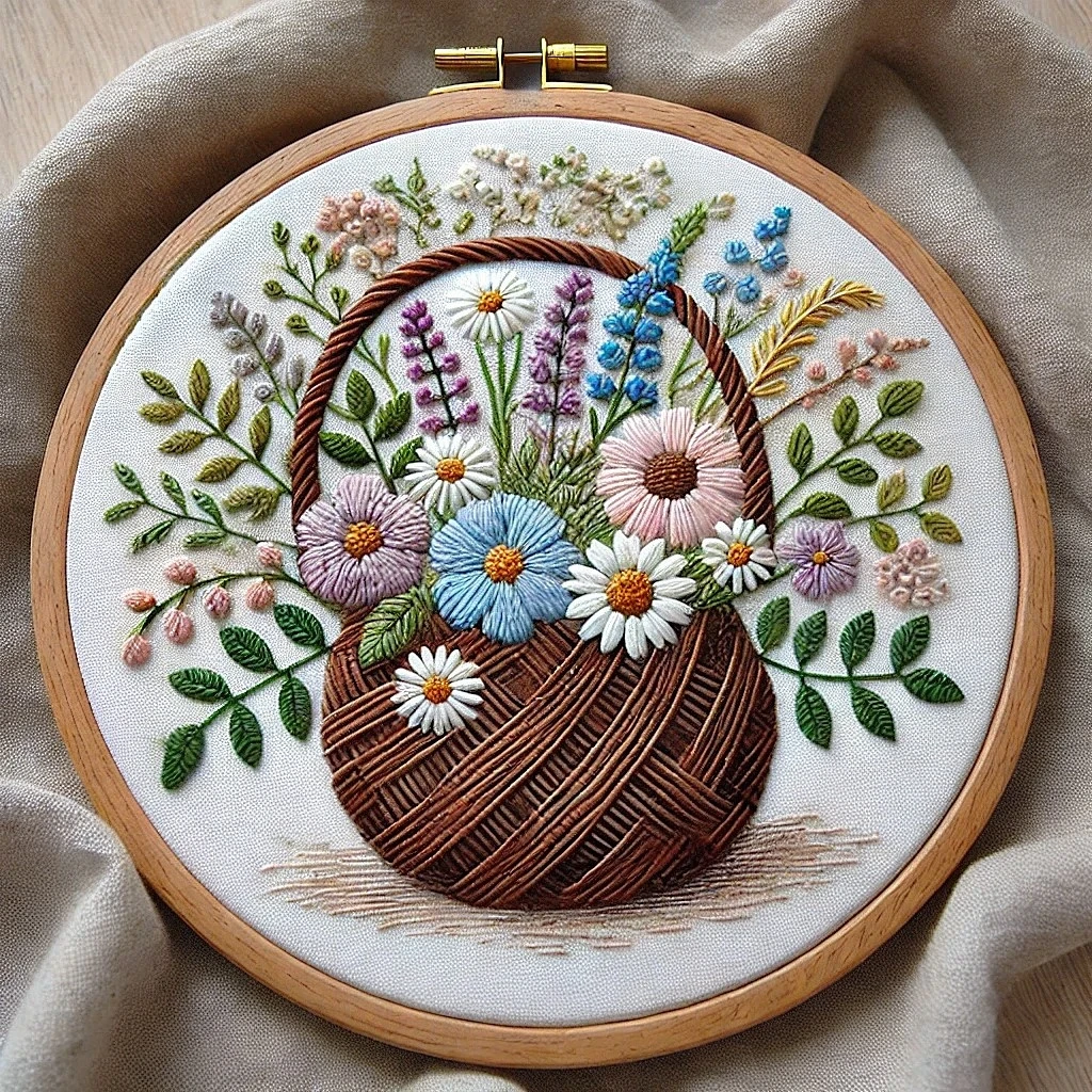 Floral Basket 3D Embroidery Hoop Art