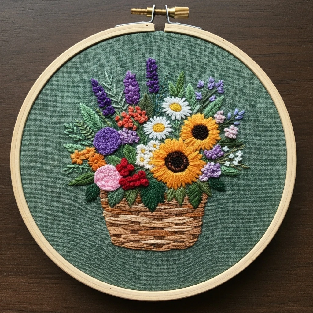 Floral Basket Embroidery Art