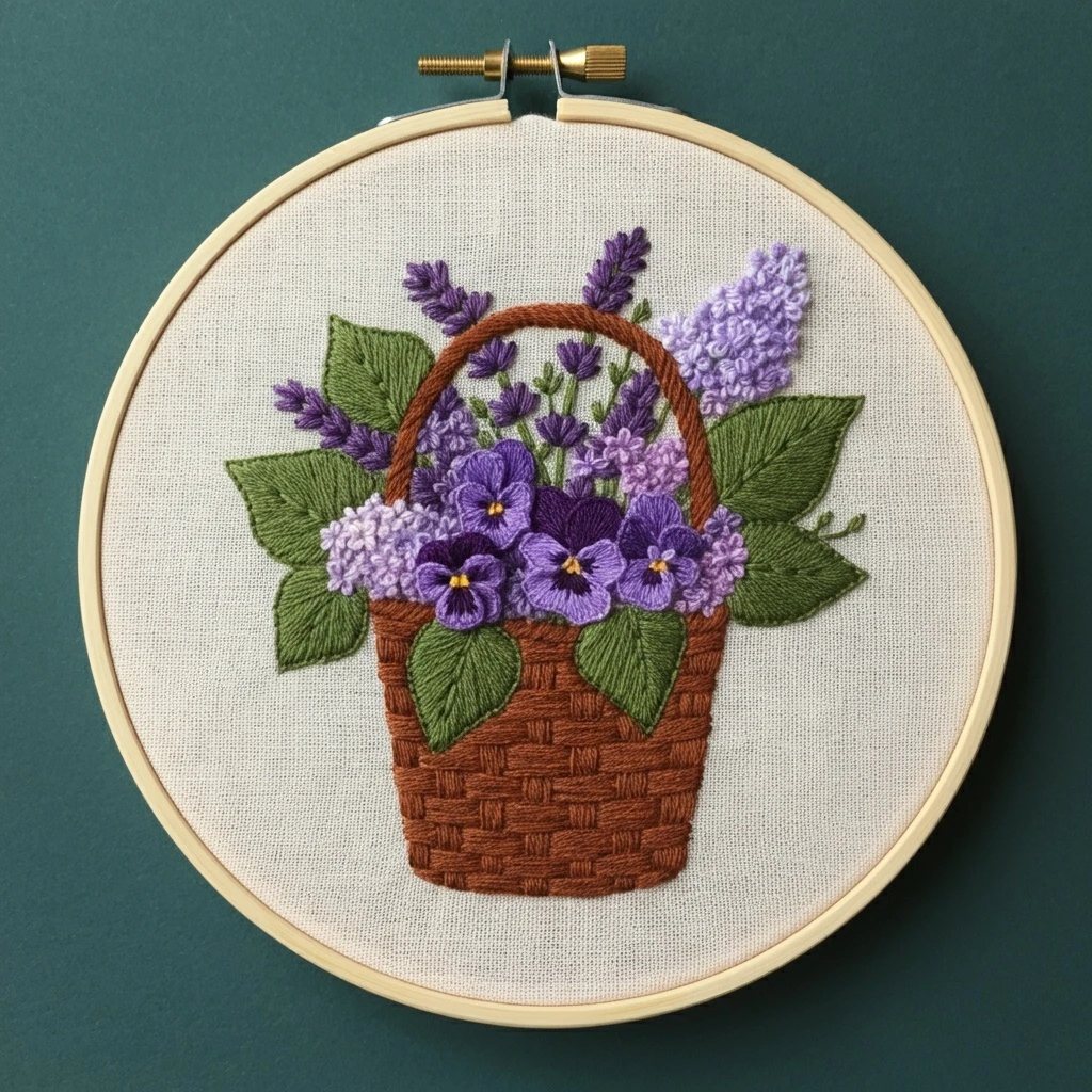Floral Basket Hand Embroidery Hoop Art