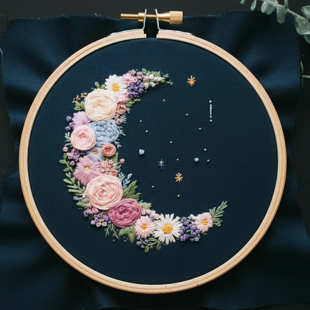 Floral Crescent Moon Embroidery Art