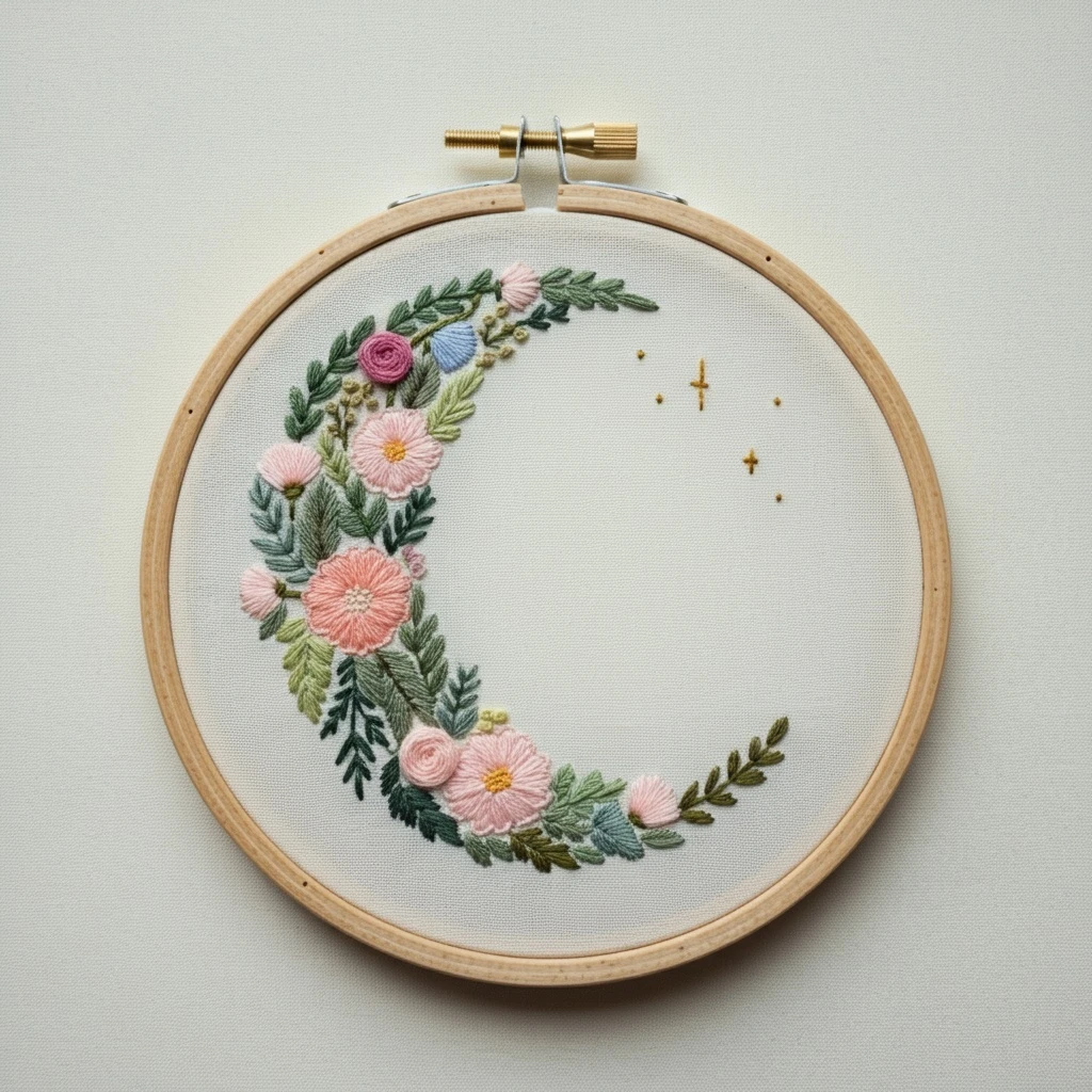Floral Crescent Moon Embroidery Hoop Art
