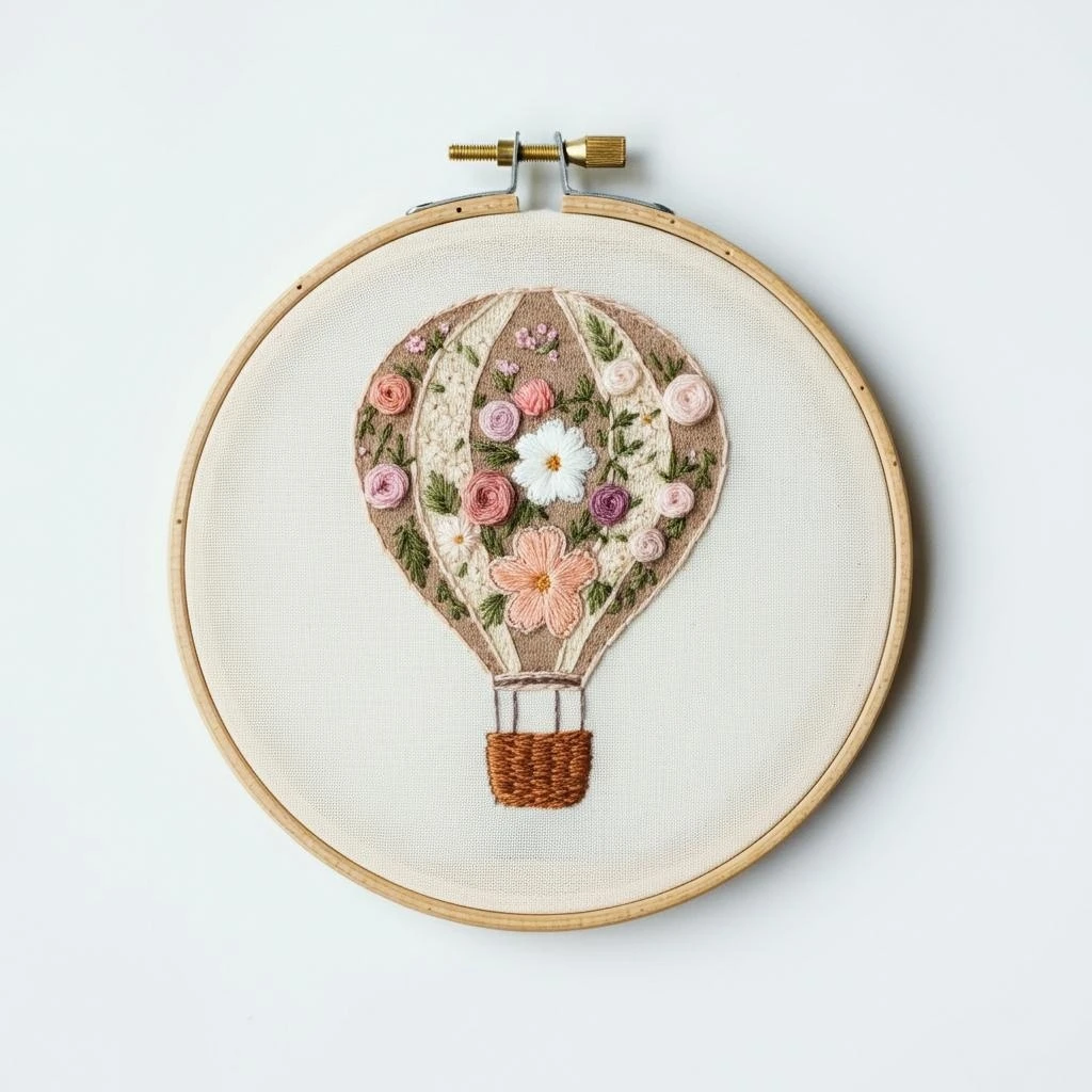 Floral Hot Air Balloon Embroidery Hoop Art