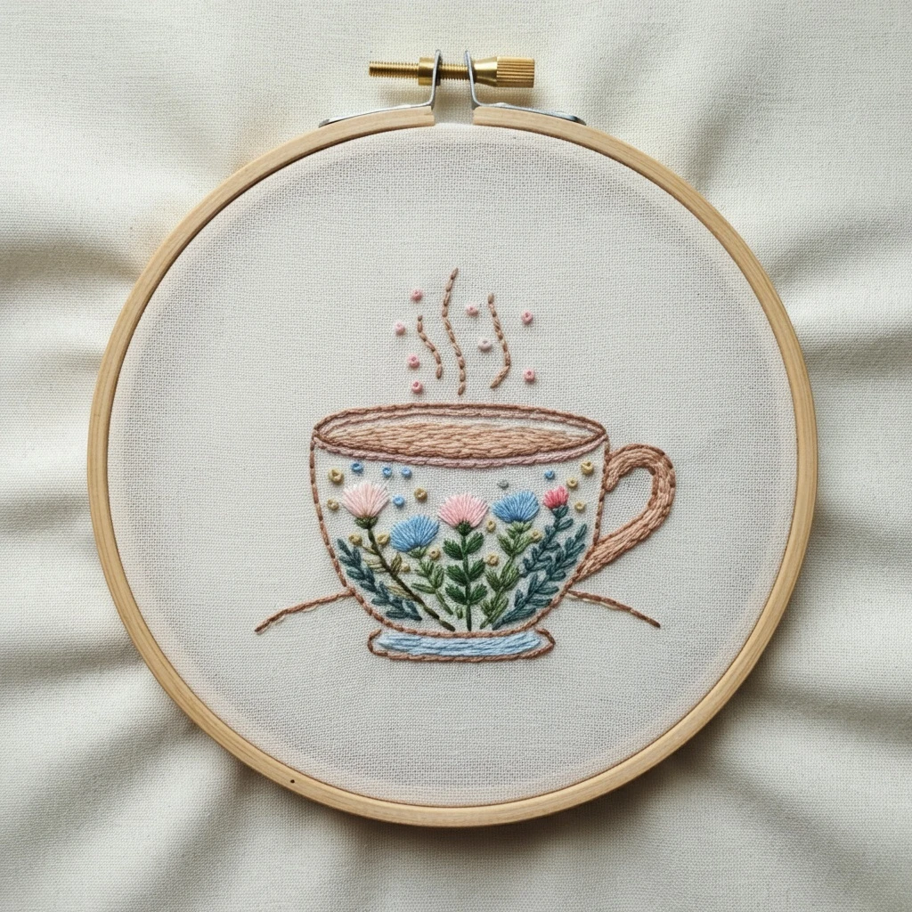 Floral Teacup Embroidery Hoop Art