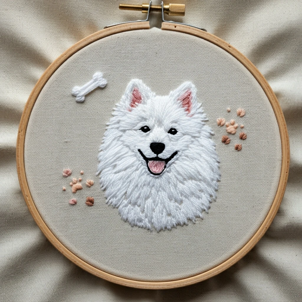 Fluffy Samoyed Dog Hand Embroidery