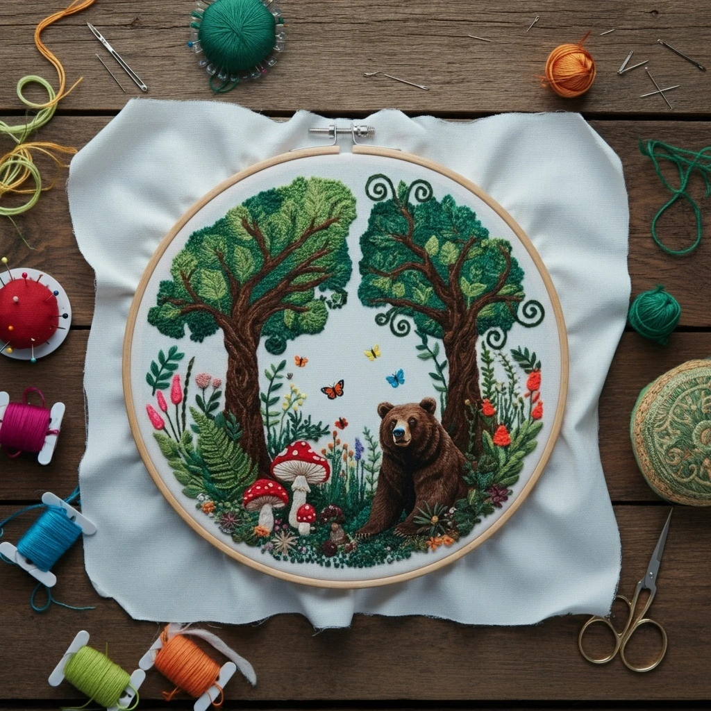 Forest Bear and Enchanted Trees Hand Embroidery