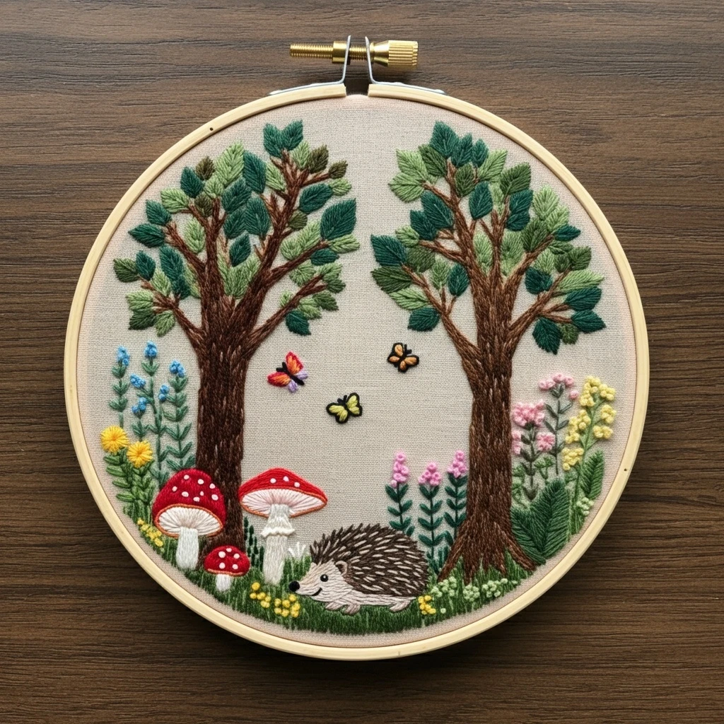 Forest Hedgehog and Mushroom Embroidery