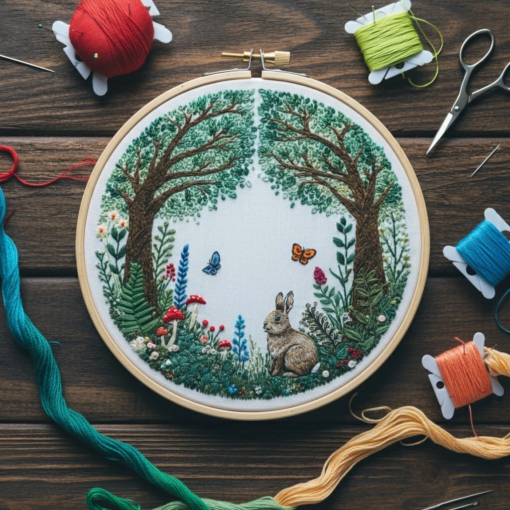 Forest Rabbit Embroidery Art