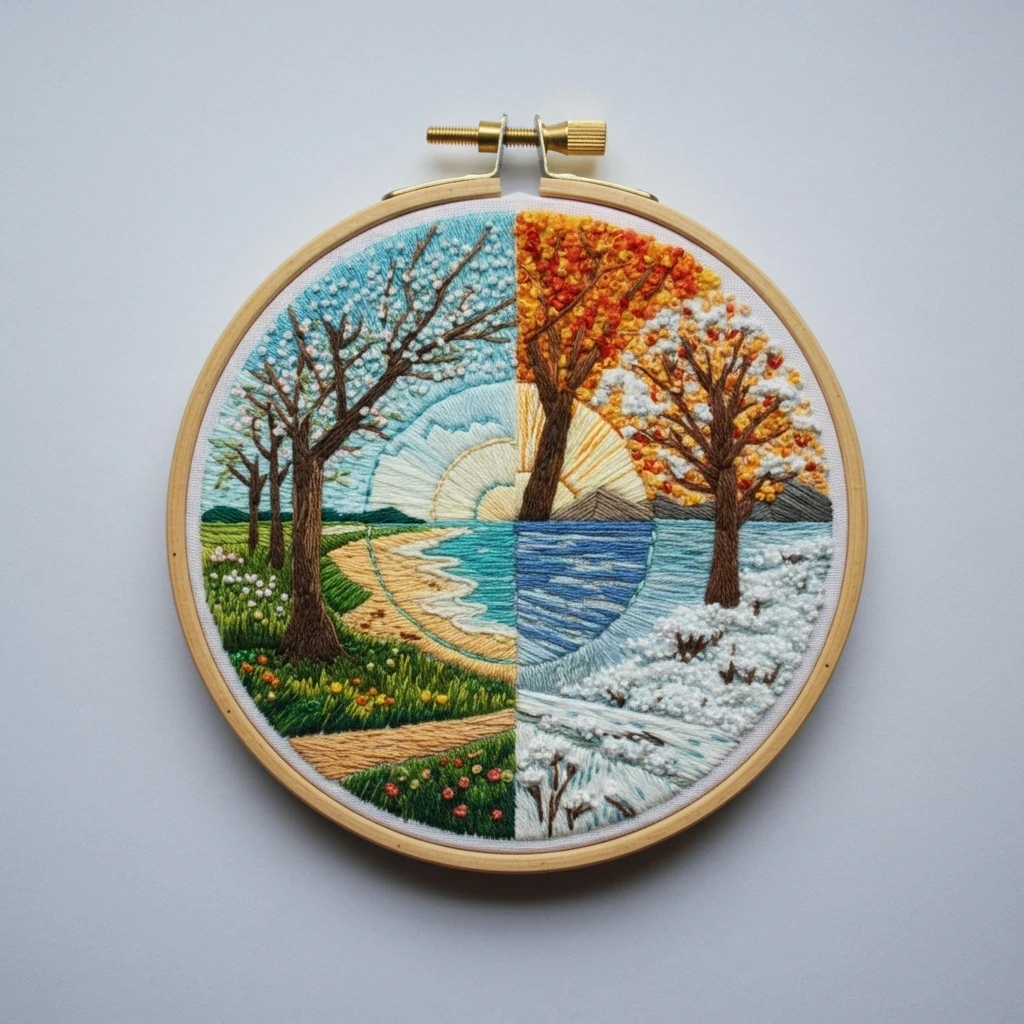 Four Seasons Coastal Landscape Embroidery