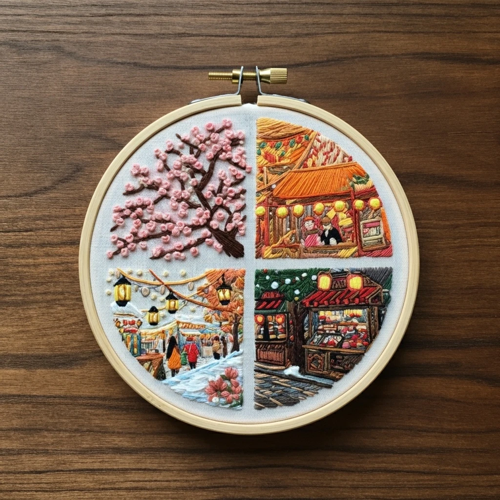 Four Seasons of Street Food and Scenery Embroidery