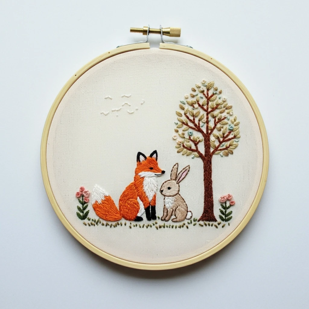 Friendly Fox and Bunny Embroidery Art