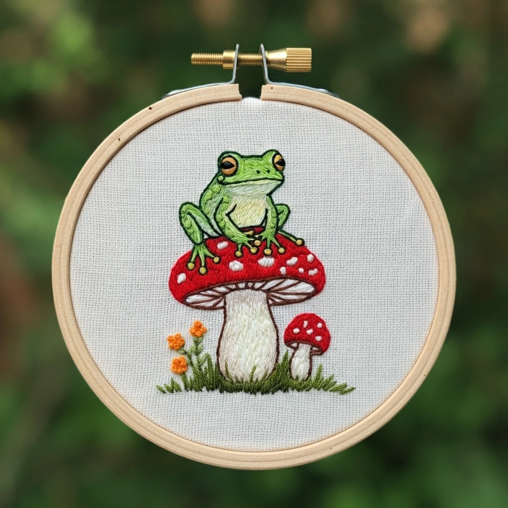 Frog on a Toadstool Hand Embroidery