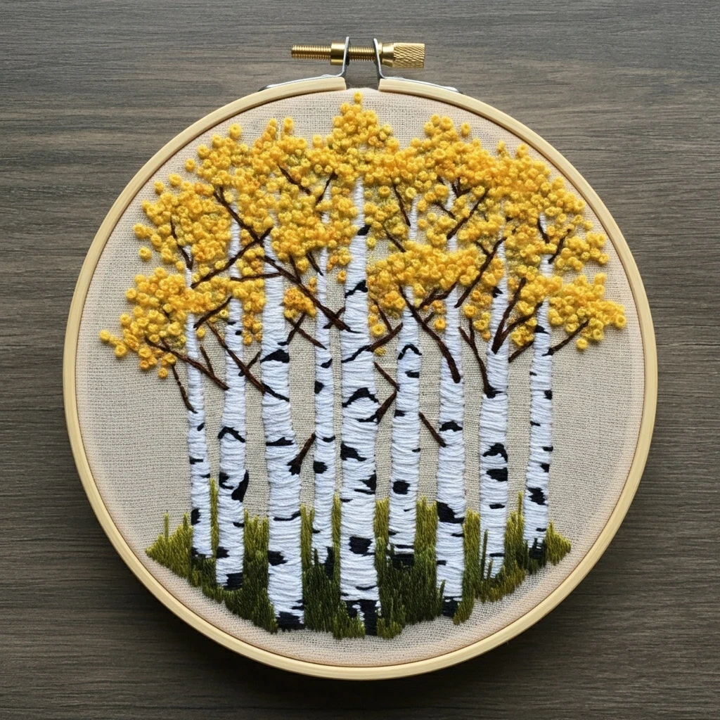 Golden Aspen Forest Embroidery Art