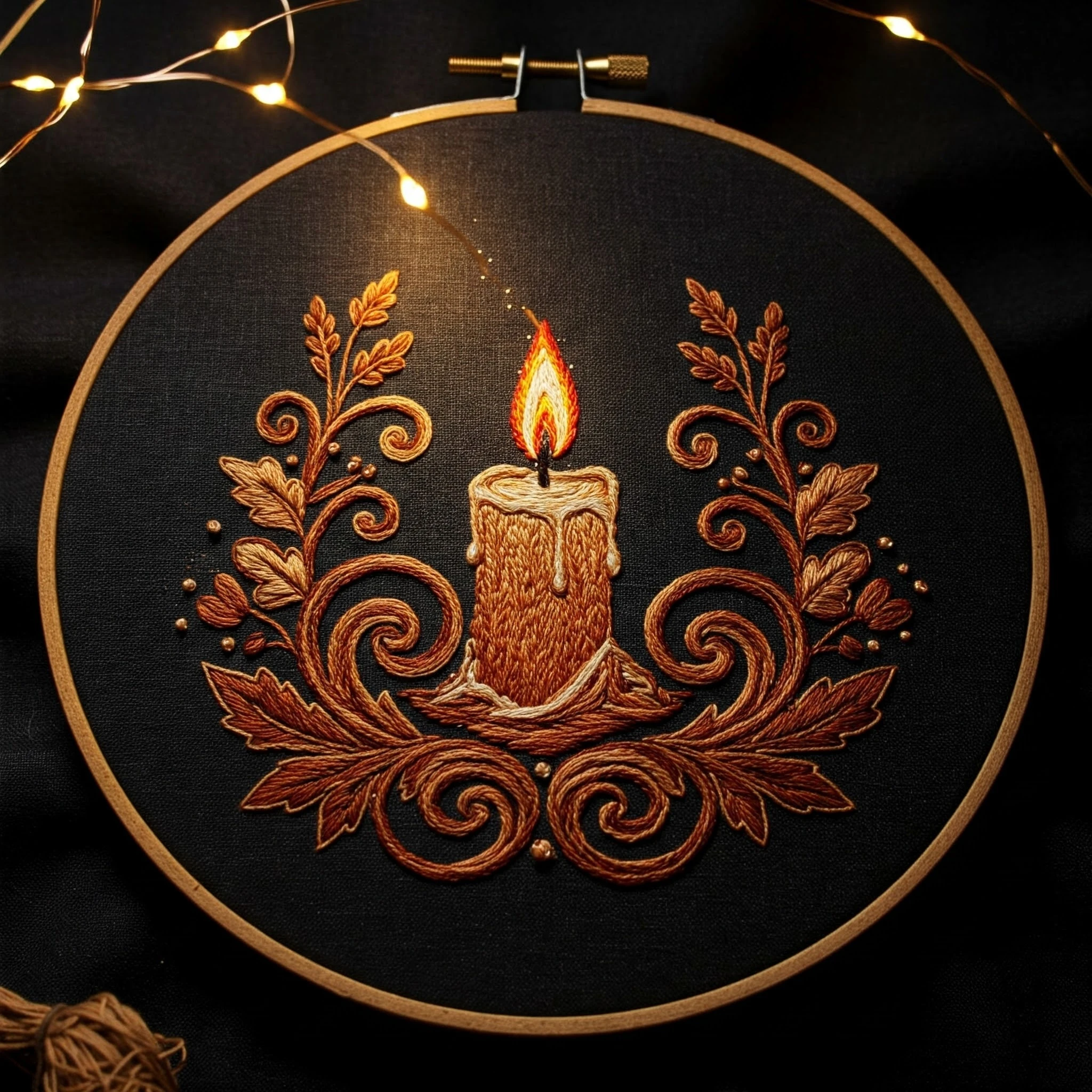 Golden Candlelight Embroidery Art