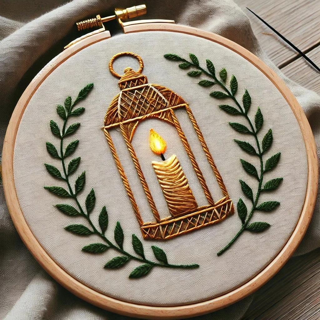 Golden Lantern Glow Embroidery Art